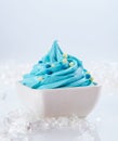 Close up Light Blue Frozen Yogurt on White Bowl