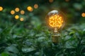 Close-up of a light bulb among greenery in a forest. Generative AI Royalty Free Stock Photo