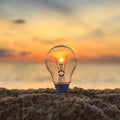 Close up light bulb on sunset beach