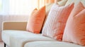 Close up light fabric sofa with warm cozy cushions with home interior background. Generative Ai Royalty Free Stock Photo
