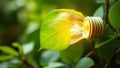 Close up of a lightbulb with a leaf growing around it in a green leafy environment outdoors Royalty Free Stock Photo