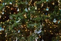 Close up of lights and decorations on a christimas tree