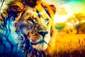 Close up of lion in field with sky in the background. Generative AI Royalty Free Stock Photo