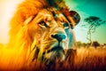 Close up of lion in field with trees in the background. Generative AI Royalty Free Stock Photo