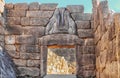 Close up of Lion gate in ancient Greek ruins at Mycenae which is mentioned in the Iliad - missing heads were thought to be gold