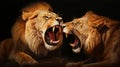Close-up of a Lion and Lioness roaring at each other. Generative AI Royalty Free Stock Photo