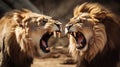 Close-up of a Lion and Lioness roaring at each other. Generative AI Royalty Free Stock Photo