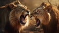 Close-up of a Lion and Lioness roaring at each other. Generative AI Royalty Free Stock Photo