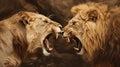 Close-up of a Lion and Lioness roaring at each other. Generative AI Royalty Free Stock Photo