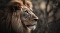 a close up of a lion near a tree with no leaves on it\'s head and a bush in the foreground with a blurry background Royalty Free Stock Photo