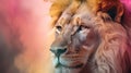 a close up of a lion\'s face with a multicolored sky in the background and a blurry image of the lion\'s head