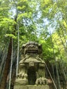 Close up of a lion stone statue in a park. Mythical creatures concept Royalty Free Stock Photo