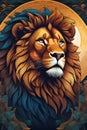 Close up a lion in vector art with cartoon style, dreamlike, forest, fantasy art, animal design, t-shirt