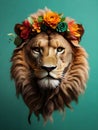 Close up, lion wearing a colorful big flower crown. Very minimalistic style, green background