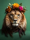 Close up, lion wearing a colorful big flower crown. Very minimalistic style, green background