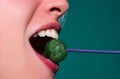 Close up lips with lollipop isolated, sexy blowjob, sensual mouth with lipstick eats sweets. Sexy design for women and Royalty Free Stock Photo