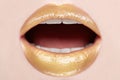Close-up lips make-up with gold. Open mouth