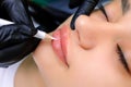 Close-up of the lips of the model before the procedure of permanent makeup of the lips, the master applies markings on the lips