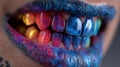 Close-up of lips and teeth painted in vibrant galaxy colors with shimmering cosmic patterns and glowing effect Royalty Free Stock Photo