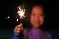 Close up little Asian girl playing fire sparklers in the dark at night