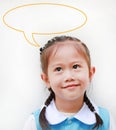 Close up little Asian girl in school uniform looking up and speak bubble thinking something. Imagination concept