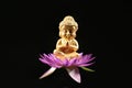 a little Buddha statue sitting on a pink lotus flower isolated on blck background Royalty Free Stock Photo