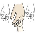 Close-up little child holding hand of father or mother vector illustration sketch doodle hand drawn with black lines isolated on Royalty Free Stock Photo