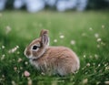 close-up of little cute brown and gray rabbit standing in the grass. Royalty Free Stock Photo