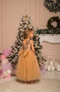 Close up. Little girl in an elegant golden dress with a bow in a New Year`s room with a Christmas tree Royalty Free Stock Photo