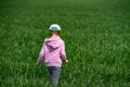 Close-up of a little girl lost, walking across a field