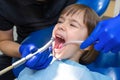 A close-up of a little girl with an opened mouth during teeth treatment