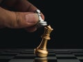 Close-up little silver pawn piece checkmates the golden king on chessboard. Royalty Free Stock Photo