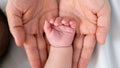 Close up little tiny baby hand palm over a mother hands. Peace calm newborn