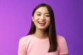 Close-up lively carefree cheerful asian girl laughing, having fun, smiling amused enjoy friendly relaxing conversation Royalty Free Stock Photo