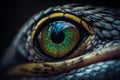 a close up of a lizard\'s eye with a green and yellow eyeball in the center of the iris of the eye, with a black background