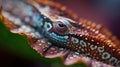 a close up of a lizard\'s head with a blurry back ground and a green leaf in the foreground with a blurry background Royalty Free Stock Photo