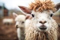 close-up of llama with curious sheep