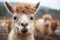 close-up of llamas face with sheep in background