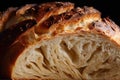 close-up of loaf with crispy, crackling crust and chewy interior