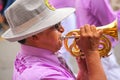 Close up of a local man playing trumpet during Festival of the V