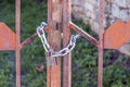 Close-up of a lock with a chain that closes a metal gate Royalty Free Stock Photo