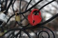 Close up of lock on iron construction. Locks of love its romantic tradition of newlyweds.