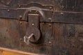 Close Up of Lock and Key of Antique Wooden Trunk Royalty Free Stock Photo