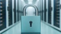 A close-up of a locked padlock in a server room, symbolizing data security and protection in technology environments Royalty Free Stock Photo