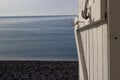 Close-up of locker cabin door on the beach