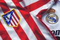 Close-Up on Logo of AtlÃÂ©tico Madrid Football Club and Real Madrid Royalty Free Stock Photo