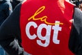Close-up of the logo of the French trade union organization CGT, Paris, France
