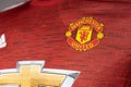Close-Up on Logo of  Manchester United Football Club on an official 2020 jerseys Royalty Free Stock Photo