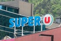 Close-up for logo and sign of Super U. Super U is supermarket