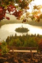 CLOSE UP: Lonely bench overlooking stunning lake Bled on a calm summer evening. Royalty Free Stock Photo